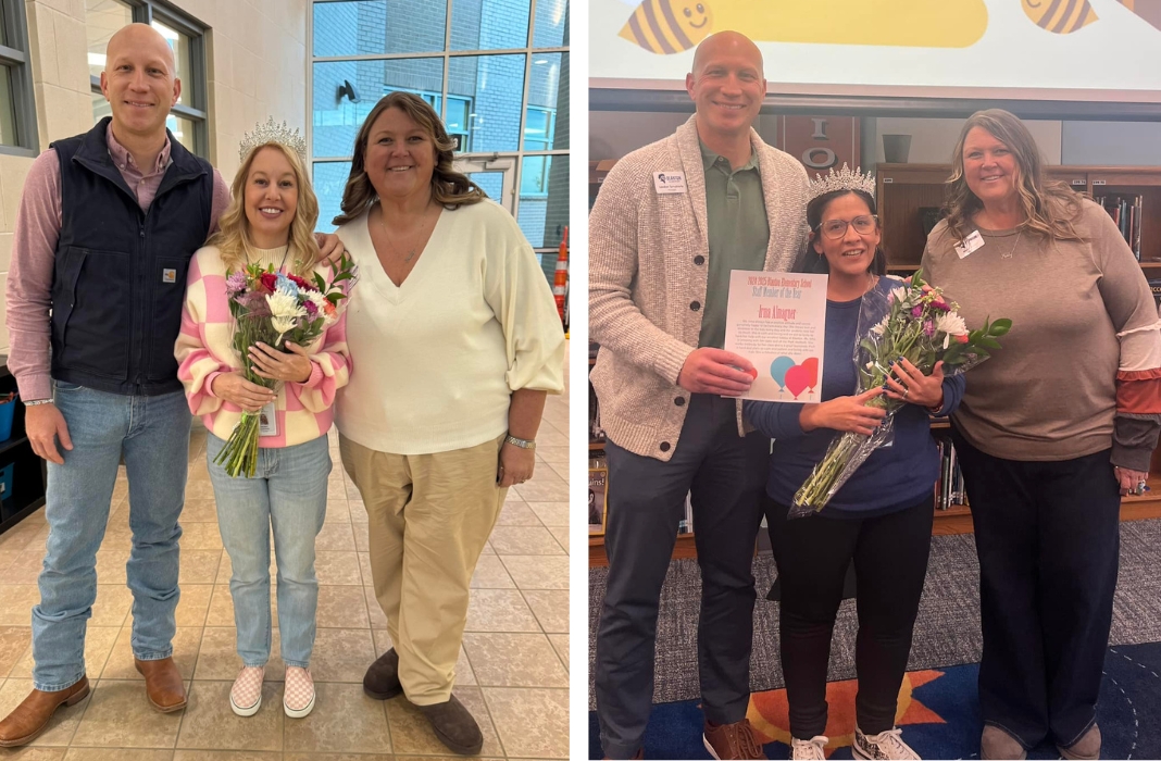  Teacher of the Year and Staff Member of the Year standing with administration